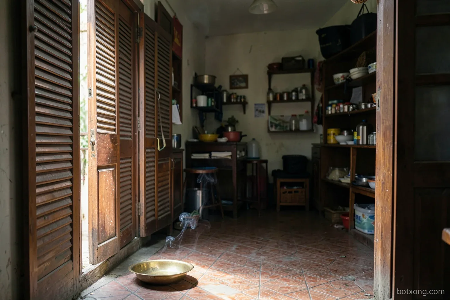 Early morning inside a small Vietnamese neighbourhood shop, shutters half raised, a brass dish with a thin curl of smoke on the tiled floor near the entrance, shelves softly lit