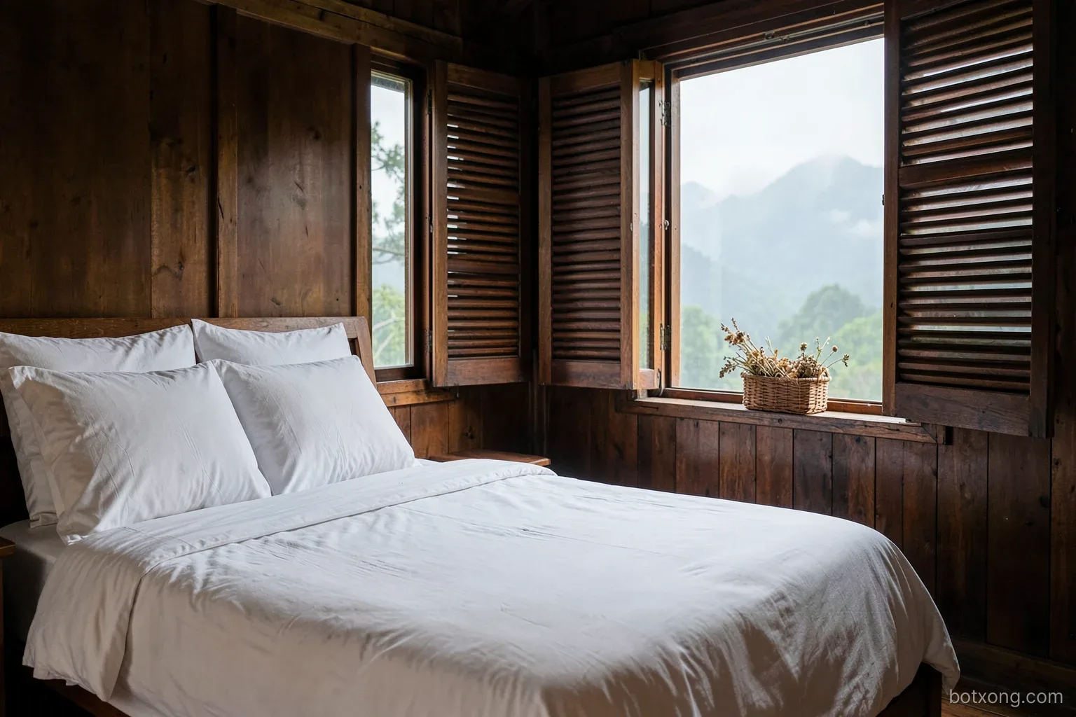 A freshly made guest room in a Vietnamese wooden homestay, white linen bed, shutters open to mountain mist, a small woven basket of dried herbs on the windowsill, no people
