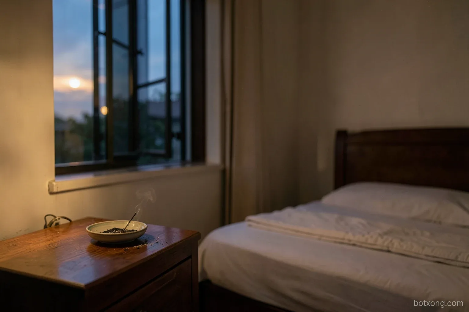 Evening view of a tidy Vietnamese bedroom with the window open, a small ceramic dish of incense ash cooling on a wooden dresser, soft lamp glow, empty bed with folded blanket